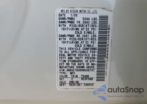 2009 Nissan Murano S z USA, uszkodzony, nr VIN JN8AZ18U69W008707